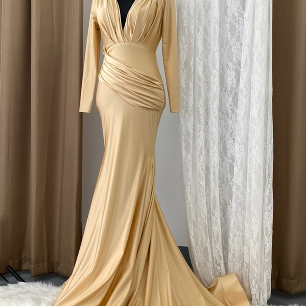NEW FORMAL MAXI Champagne Evening Party Prom Long Sleeve Dress 381
